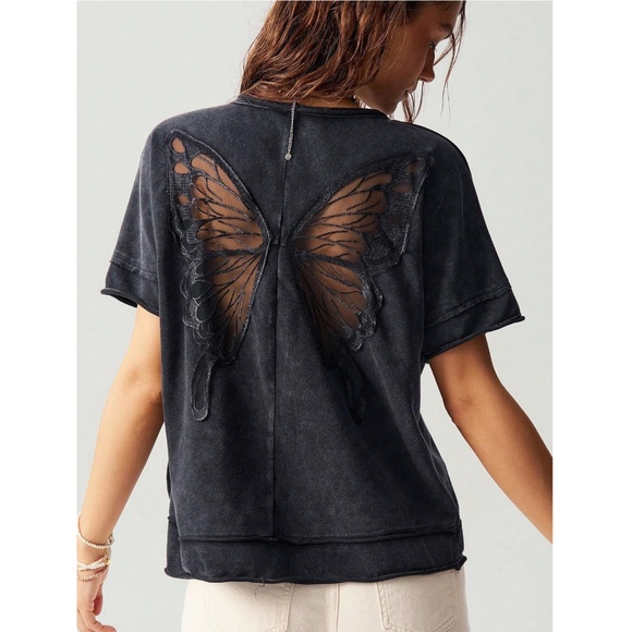 Black Butterfly Mesh Sheer Back Insert Tee Shirt - Picture 3 of 9